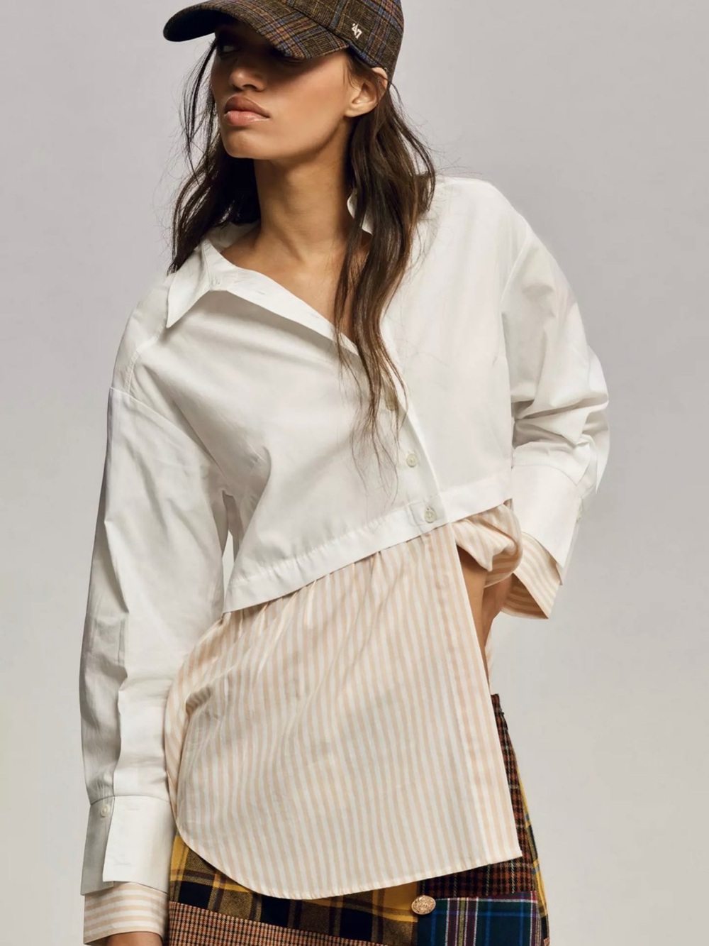 Anthropologie Button Down Shirt Womens XS White Tan Striped Peplum Cotton Blouse